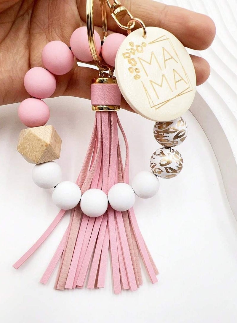 Generic Keychain with Beaded Charm and Tassel – Pink and Gold  - Image 1