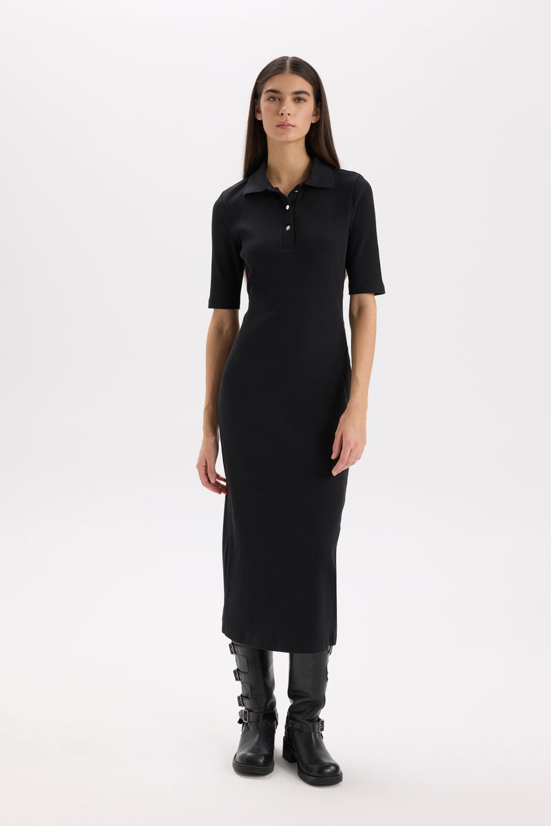 DeFacto Black Woman Bodycon Polo Neck Ribbed Camisole Midi Dress Casual - Image 1