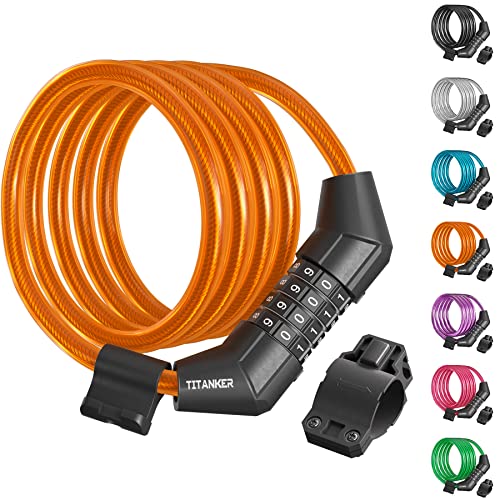 Titanker Bike Lock Cable, 4 Feet Bike Cable Lock Basic Self Coiling Kids Bike Lock Combination with Complimentary Mounting Bracket, 5/16 Inch Diameter (4FT, Orange-8mm) - Image 1