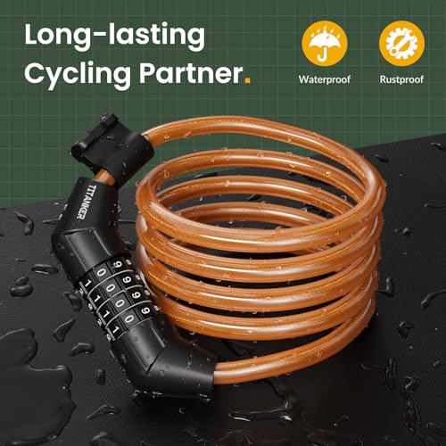 Titanker Bike Lock Cable, 4 Feet Bike Cable Lock Basic Self Coiling Kids Bike Lock Combination with Complimentary Mounting Bracket, 5/16 Inch Diameter (4FT, Orange-8mm) - Image 2