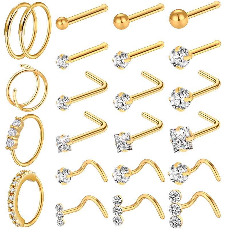 ONESING 23Pcs Gold Nose Rings for Women 20G Nose Piercing Jewelry L Shape Nose Studs Nose Rings Hoop Nose Jewelry Gold Stainless Steel Studs Screw Body Piercing Jewelry for Women Men - Image 1