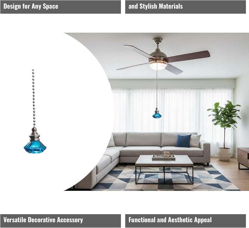 Cyan Crystal Fan Pull Pendant with Metal Bead Chain 50cm for Indoor Outdoor Ceiling Fan - Image 1