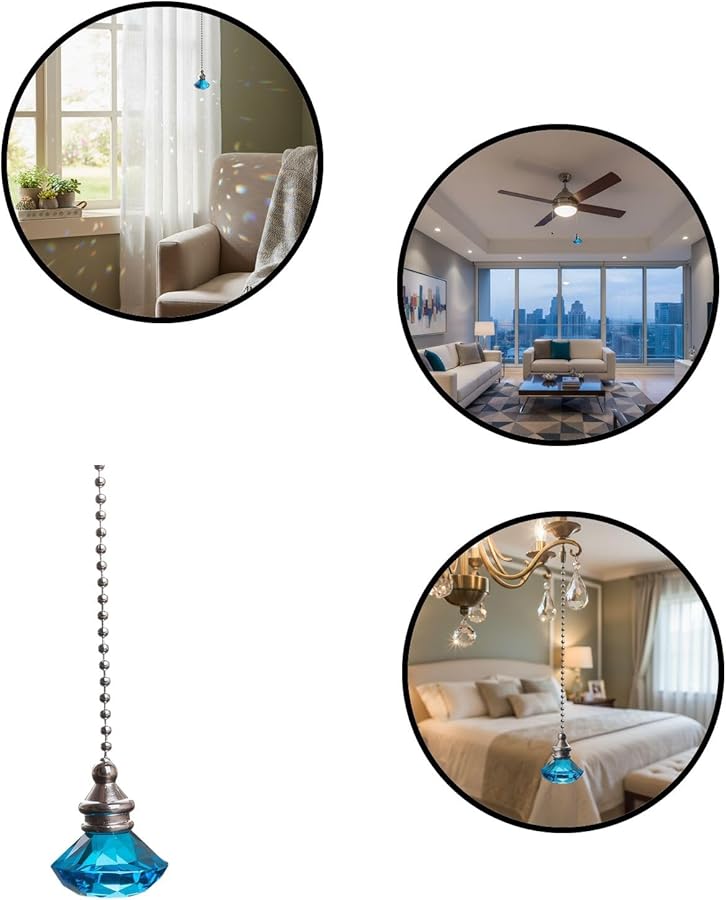 Cyan Crystal Fan Pull Pendant with Metal Bead Chain 50cm for Indoor Outdoor Ceiling Fan - Image 3