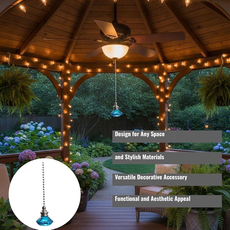 Cyan Crystal Fan Pull Pendant with Metal Bead Chain 50cm for Indoor Outdoor Ceiling Fan - Image 2