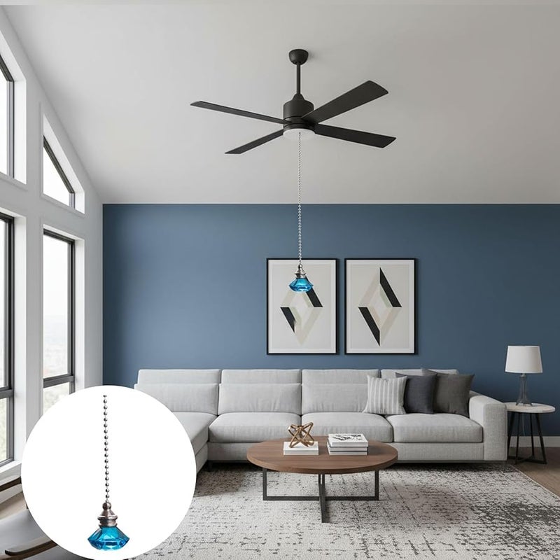 Cyan Crystal Fan Pull Pendant with Metal Bead Chain 50cm for Indoor Outdoor Ceiling Fan - Image 4