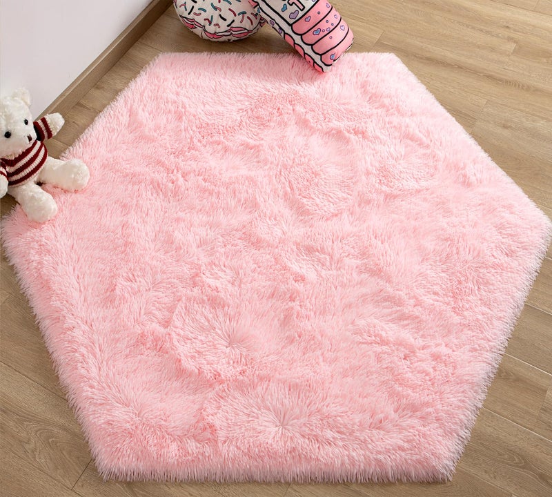 EVOIONOS Pink Hexagon Rug for Princess Tent  Fluffy Area Rug for Kids Room  4x4.6 Feet for Girls Tent  Furry Soft Nursery Rug  Fuzzy Plush Carpet for Teen Girls Bedroom - Image 1