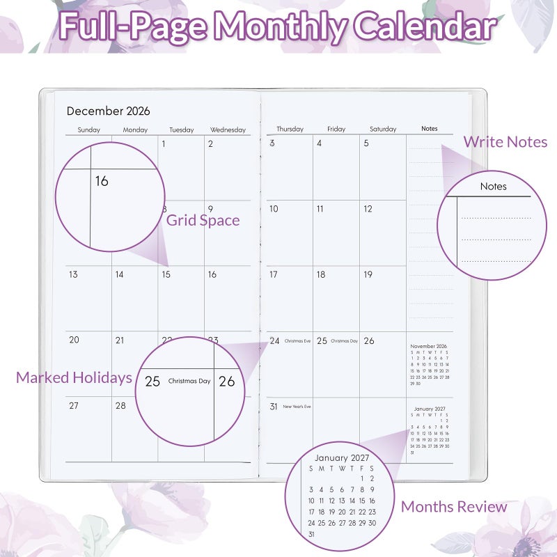 Zuozee Pocket Calendar 2026-2027, Monthly Purse Planner - 6.7" x 3.7" - Runs from January 2026 Until December 2027, Floral Pocket Calendar with PVC Cover for Planning, Organizing and Office - Image 3