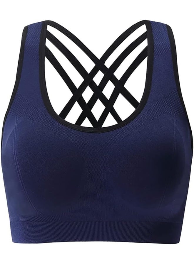 Rubik حمالة صدر رياضية للنساء، حمالة صدر مريحة مزودة بوسائد مع حمالات متقاطعة للتمارين الرياضية واليوغا وصالة الألعاب الرياضية والجري (L، أزرق داكن) - Image 1
