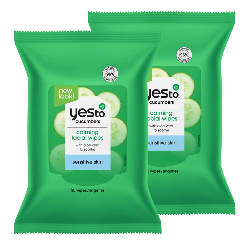 Yes To Face Wipes for Women and Men, Sensitive Facial Cleansing Wipes for use as a Make Up Remover, Cleaning, Soothing, Cucumbers Aloe Vera (Pack of 2) - Image 1