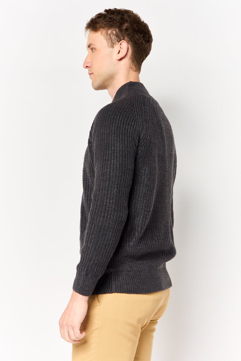 Threadbare Men Mock Neck Knitted Cardigan, Dark Grey - Image 3