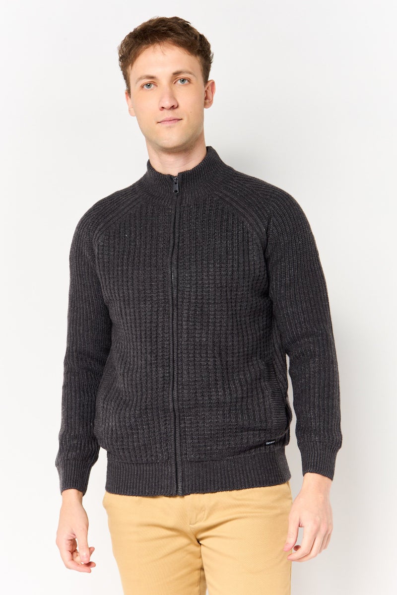 Threadbare Men Mock Neck Knitted Cardigan, Dark Grey - Image 1