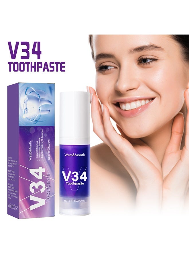 West&Month V34 Toothpaste，V34 Purple Toothpaste for Teeth Whitening,V34 Color Corrector Whitening Stain Removal Teeth Improves Brightness,Gum Repair,Clear Bad Breath 30ml - Image 1