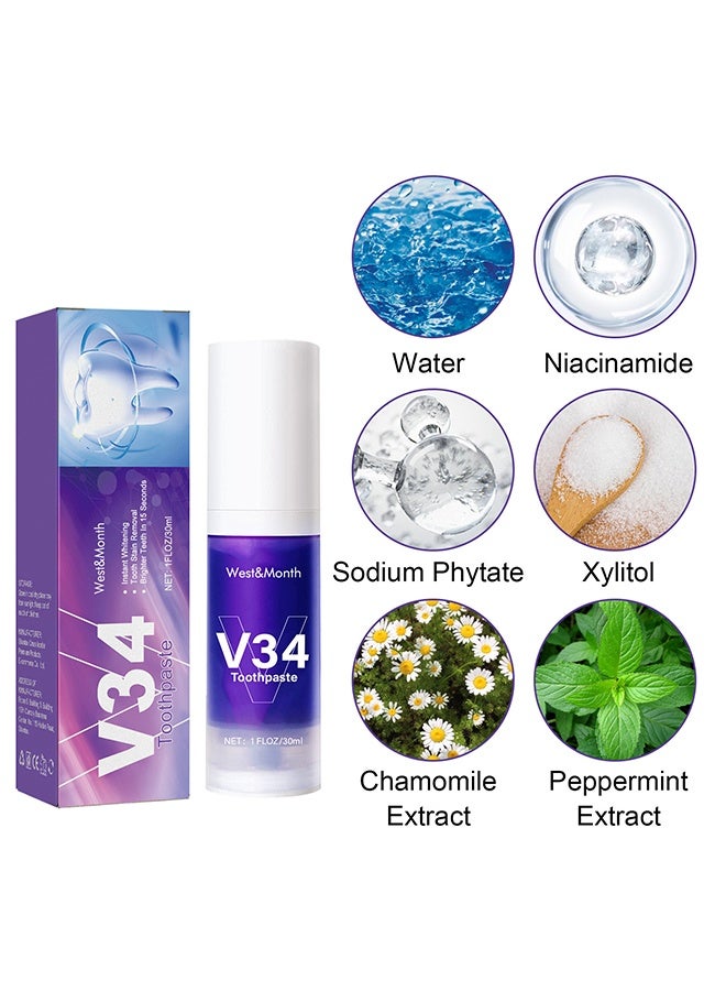 West&Month V34 Toothpaste，V34 Purple Toothpaste for Teeth Whitening,V34 Color Corrector Whitening Stain Removal Teeth Improves Brightness,Gum Repair,Clear Bad Breath 30ml - Image 2