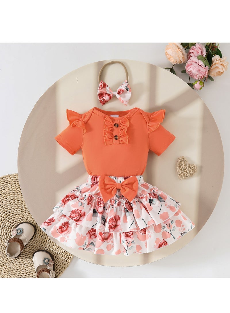 12-18M Baby Girl Dress with Floral Skirt, Ruffle Sleeve, Bow Detail, Comfortable Summer Outfit, Perfect for Birthday or Daily Wear  - Image 1