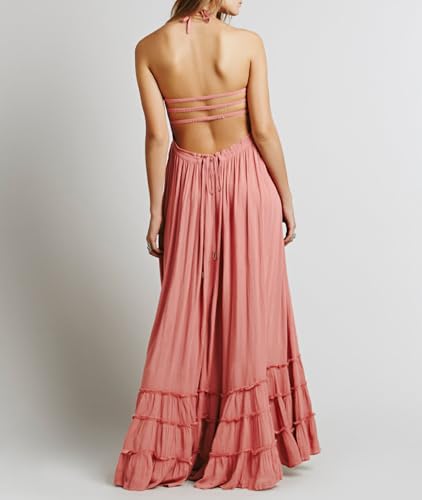 R.Vivimos Womens Summer Boho Sexy Backless Long Dresses (Medium, Pink) - Image 2