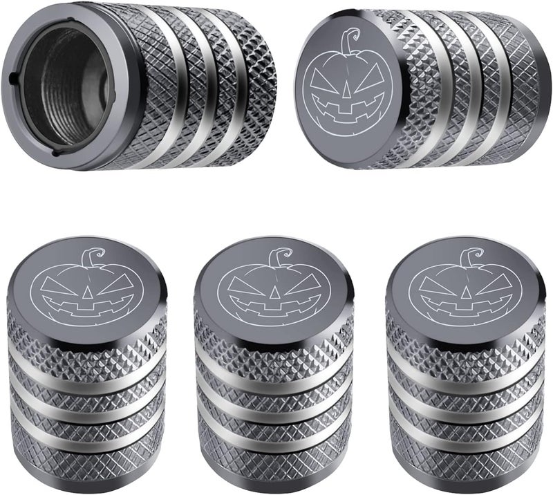 DECURCAR Tire Valve Stem Cap Cover - (5 Pack) Tire Air Cap Metal with Plastic Liner Corrosion Resistant Leak-Proof Halloween Pumpkin Car Decoration Accessories Grey - Image 1