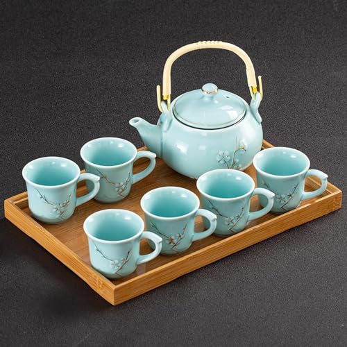 KEYDUACU Japanese Tea Set, Celadon Ceramic Tea Set, Plum Blossom Embossed, Includes 1 Teapot, 6 Anti-scald Teacups,Tea Tray,Strainer, Home, Outdoor, Gift, Chinese Kung Fu Tea Set(FDMH-FT-CYAN) - Image 2