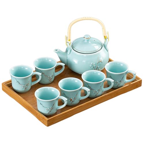 KEYDUACU Japanese Tea Set, Celadon Ceramic Tea Set, Plum Blossom Embossed, Includes 1 Teapot, 6 Anti-scald Teacups,Tea Tray,Strainer, Home, Outdoor, Gift, Chinese Kung Fu Tea Set(FDMH-FT-CYAN) - Image 1