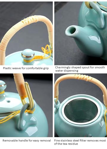 KEYDUACU Japanese Tea Set, Celadon Ceramic Tea Set, Plum Blossom Embossed, Includes 1 Teapot, 6 Anti-scald Teacups,Tea Tray,Strainer, Home, Outdoor, Gift, Chinese Kung Fu Tea Set(FDMH-FT-CYAN) - Image 4
