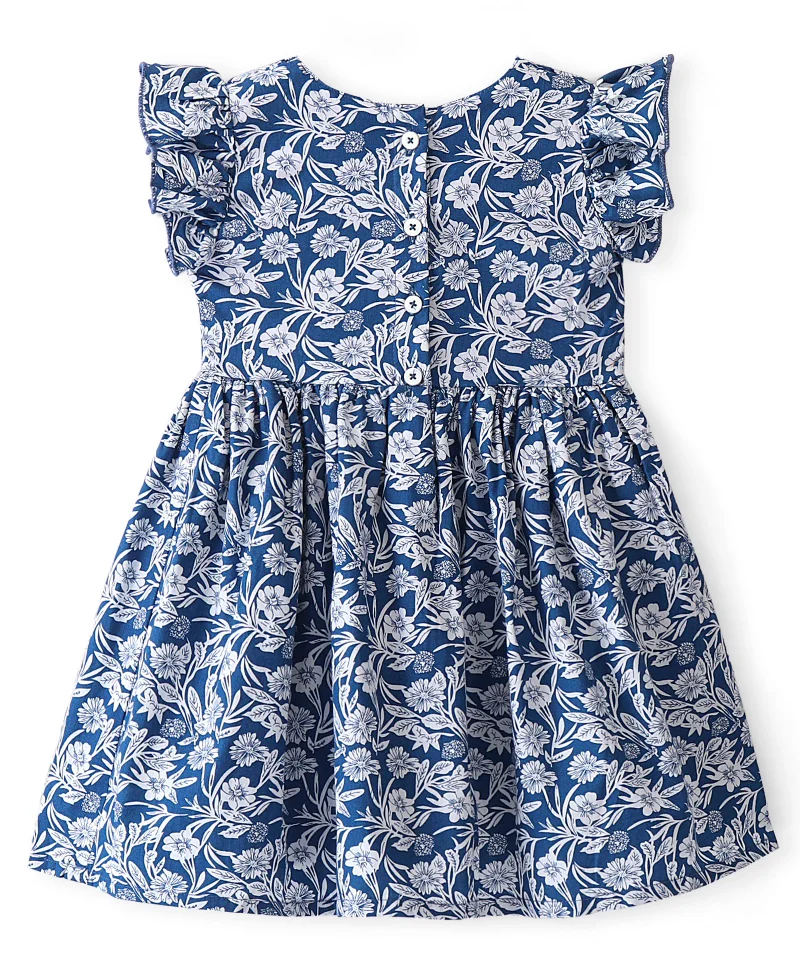 babyhug Babyhug 100% Cotton Woven Half Sleeves Frock With Floral Print - Navy Blue