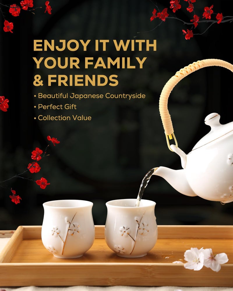Dujust Japanese Tea Set, White Porcelain Tea Set with 1 Teapot Set, 6 Tea Cups, 1 Tea Tray, 1 Stainless Infuser, Cute Asian Tea Sets for Adults/Tea Lover/Women/Men (Plum in Golden) - Image 2