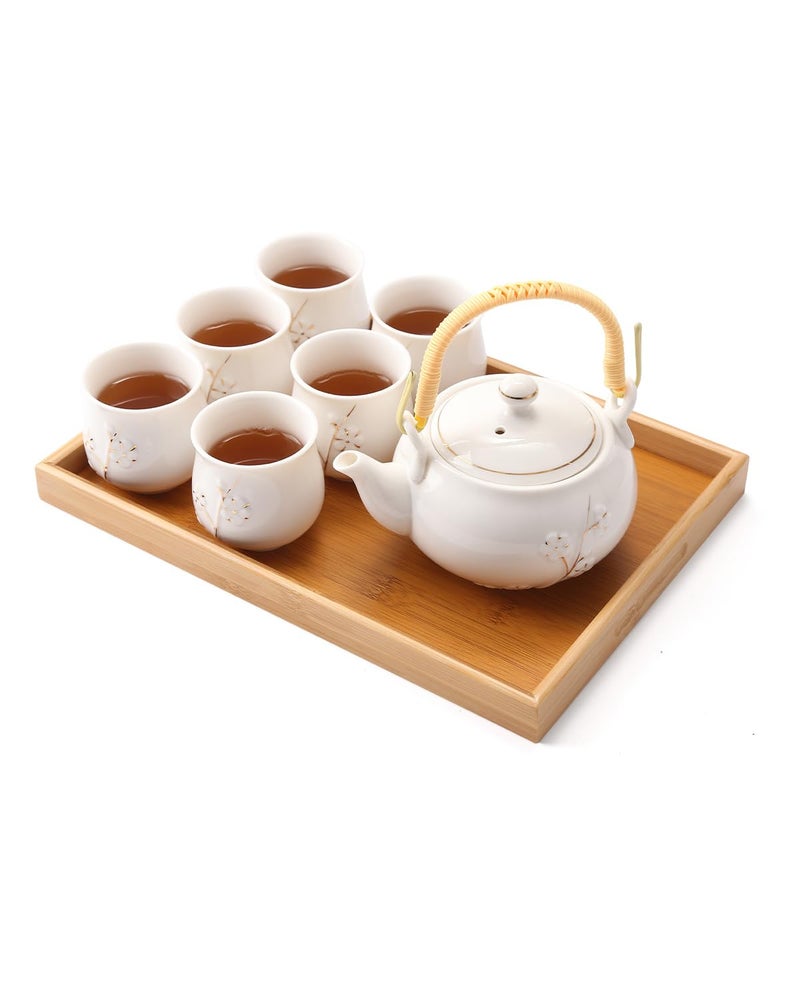 Dujust Japanese Tea Set, White Porcelain Tea Set with 1 Teapot Set, 6 Tea Cups, 1 Tea Tray, 1 Stainless Infuser, Cute Asian Tea Sets for Adults/Tea Lover/Women/Men (Plum in Golden) - Image 1
