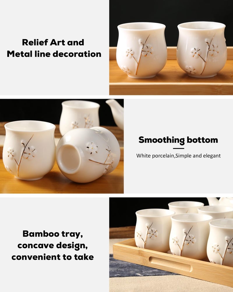 Dujust Japanese Tea Set, White Porcelain Tea Set with 1 Teapot Set, 6 Tea Cups, 1 Tea Tray, 1 Stainless Infuser, Cute Asian Tea Sets for Adults/Tea Lover/Women/Men (Plum in Golden) - Image 4