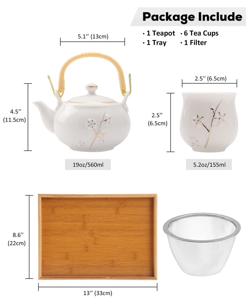 Dujust Japanese Tea Set, White Porcelain Tea Set with 1 Teapot Set, 6 Tea Cups, 1 Tea Tray, 1 Stainless Infuser, Cute Asian Tea Sets for Adults/Tea Lover/Women/Men (Plum in Golden) - Image 5