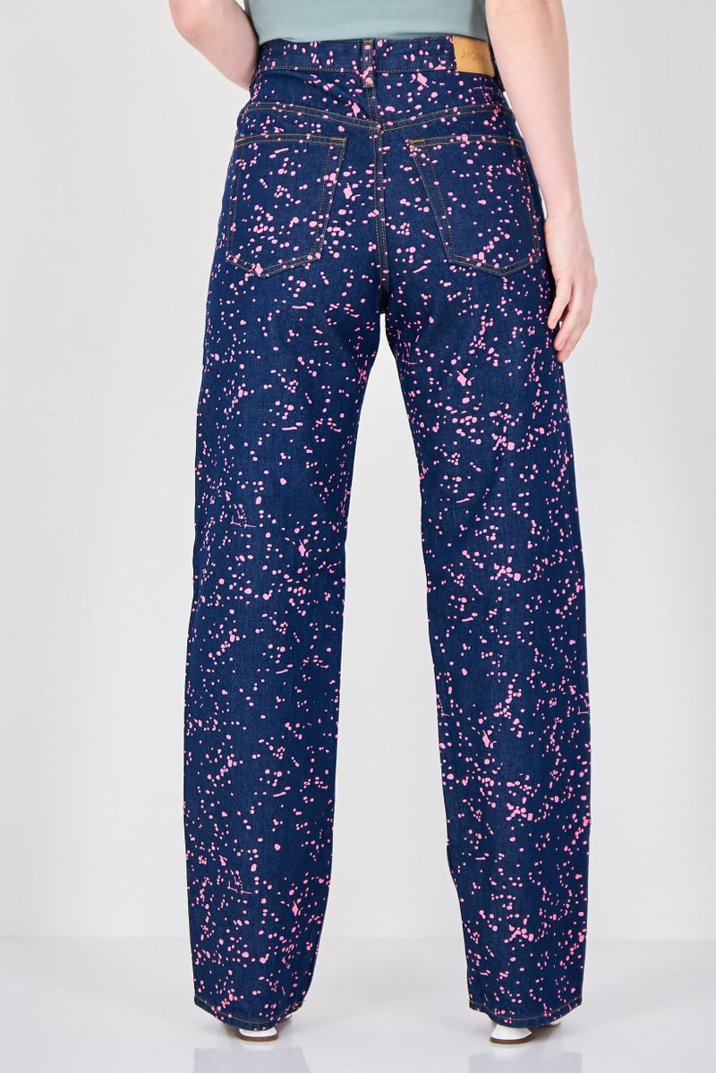 MONKI Women Straight Leg Fit Splatter Paint Non Stretchable Jeans, Blue - Image 3