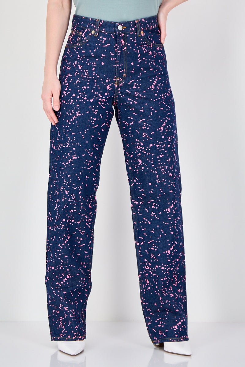 MONKI Women Straight Leg Fit Splatter Paint Non Stretchable Jeans, Blue - Image 1