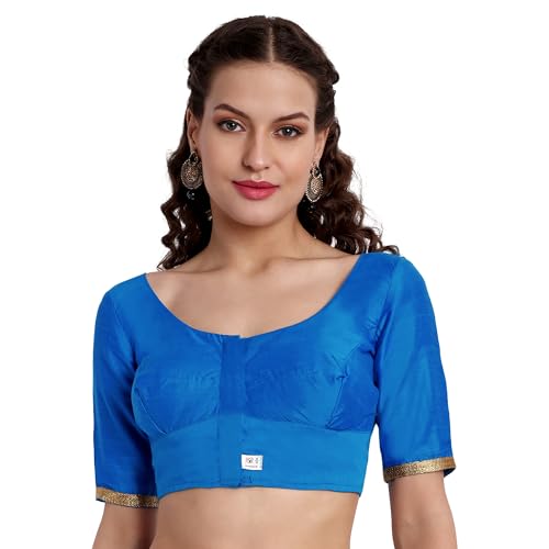 JISB Women's Rayon Plain Blouse with Lace on Elbow Sleeve (Ink Blue, 42) - Image 1