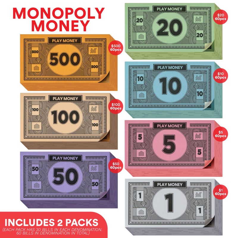 oreven Play Money Compatible for Monoply Money 60 Each Bill Denomination, Mixed Colors: $1, $5, $10, $20, $50, $100, and $500 (3 Set) - Image 2