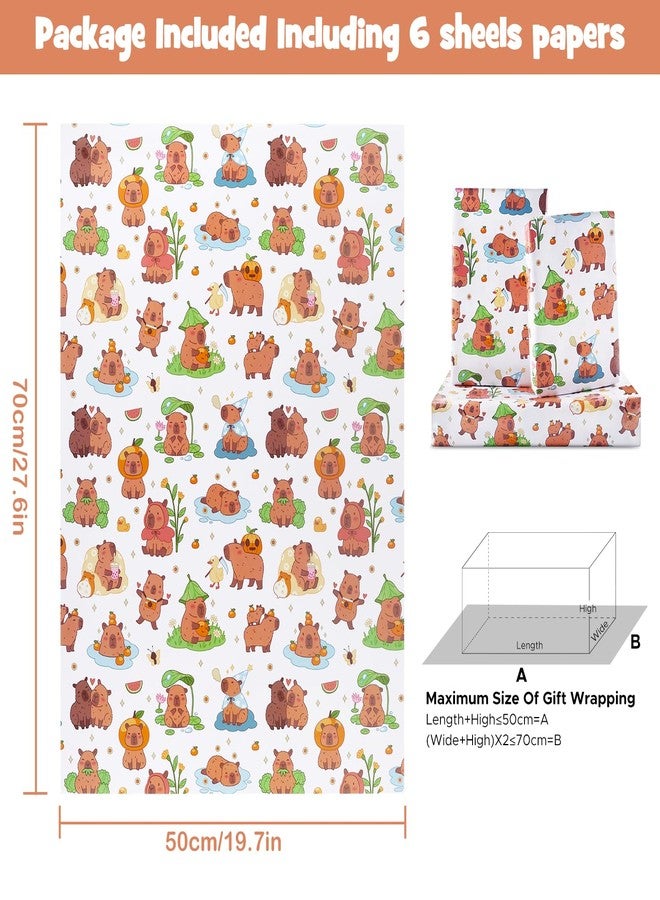 NEPOG Capybara Wrapping Paper For Kids Girls Boys, Cute Capybaras Birthday Wrap Paper 6 Sheets Folded Flat 20x28 inches per Sheet for Spring Summer Birthday Party Kindergarten - Image 2
