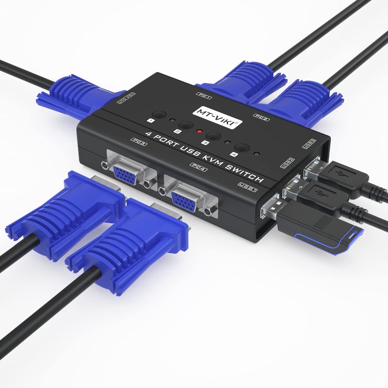 MT-VIKI KVM Switch VGA, 4 Port KVM Switch for 4 Computers Share One Monitor Keyboard Mouse Printer, 3 USB 2.0 Hub, Included 4 VGA KVM Cables - Image 1