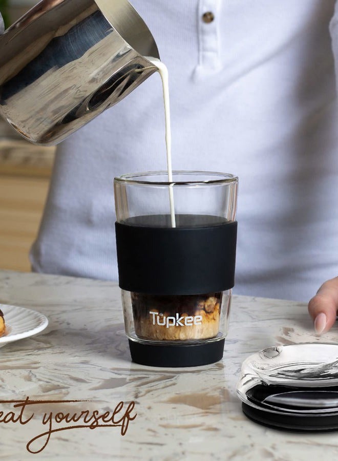 Tupkee Double Wall Glass Tumbler - 8-Ounce, All Glass Reusable Insulated Tea/Coffee Mug & Lid, Hand Blown Glass Travel Mug - Black - Image 3