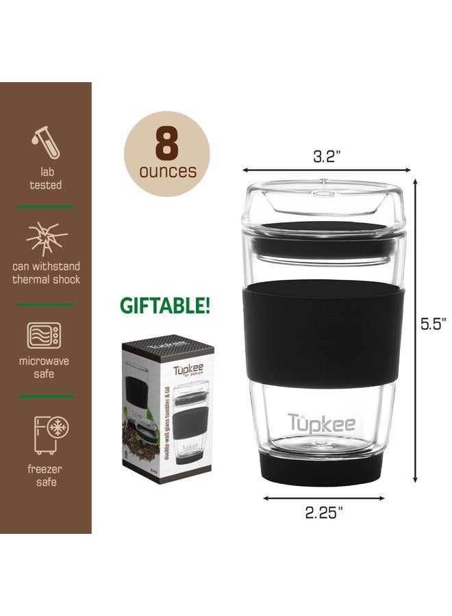 Tupkee Double Wall Glass Tumbler - 8-Ounce, All Glass Reusable Insulated Tea/Coffee Mug & Lid, Hand Blown Glass Travel Mug - Black - Image 5