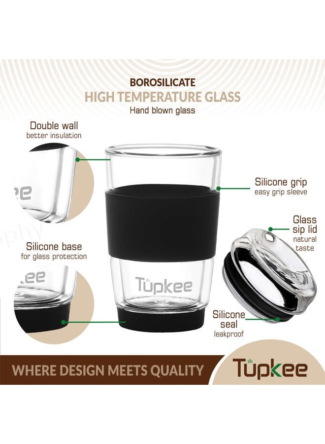 Tupkee Double Wall Glass Tumbler - 8-Ounce, All Glass Reusable Insulated Tea/Coffee Mug & Lid, Hand Blown Glass Travel Mug - Black - Image 2