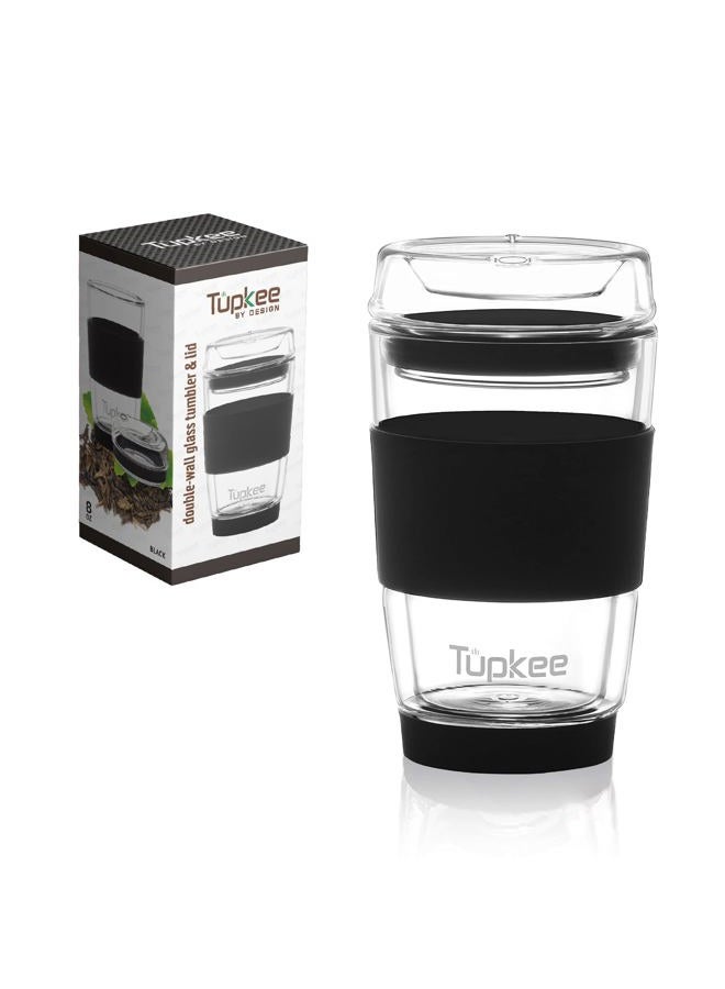 Tupkee Double Wall Glass Tumbler - 8-Ounce, All Glass Reusable Insulated Tea/Coffee Mug & Lid, Hand Blown Glass Travel Mug - Black - Image 1