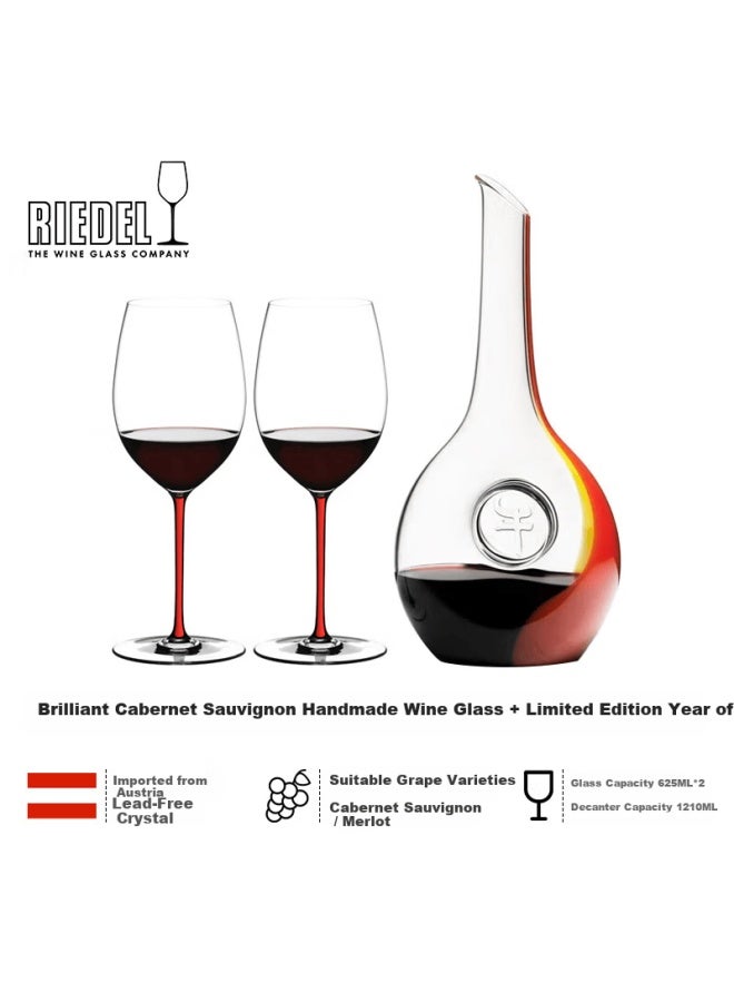 Riedel Riedel Brilliant Cabernet Sauvignon Red Stem 2-pack + Limited Edition Red And Yellow Ox Year Decanter Wine Set - Image 1
