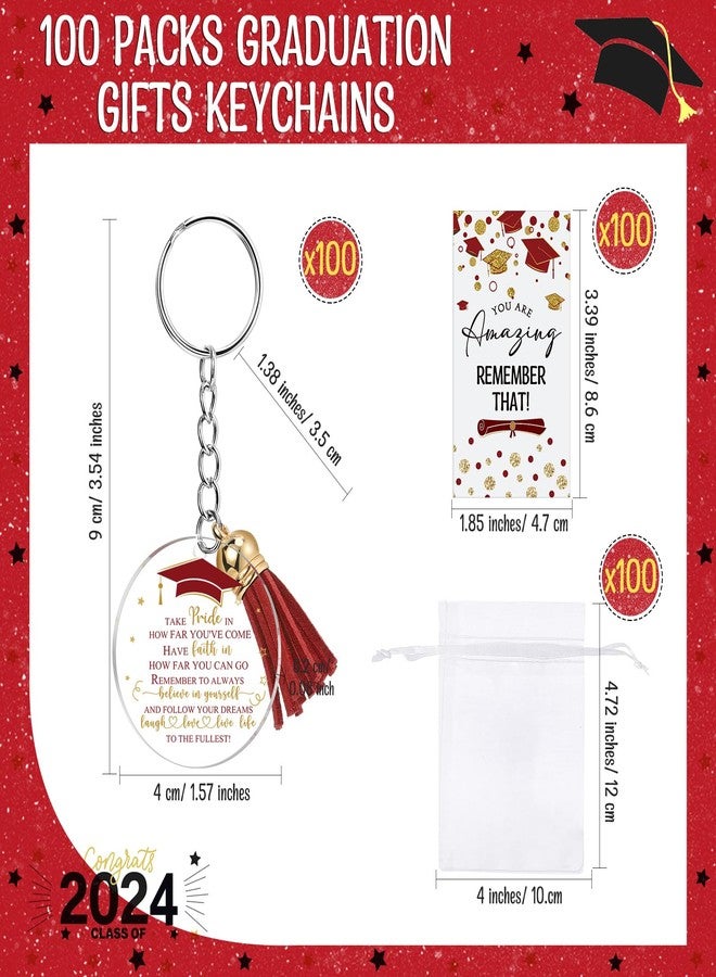 Inbagi 100 Sets Graduation Gifts Class of 2025 Graduation Tassel Inspirational Gift Keychain College Graduation Greeting Cards Keychain White Organza Gift Bags for Teen High School Students (Red) - Image 3