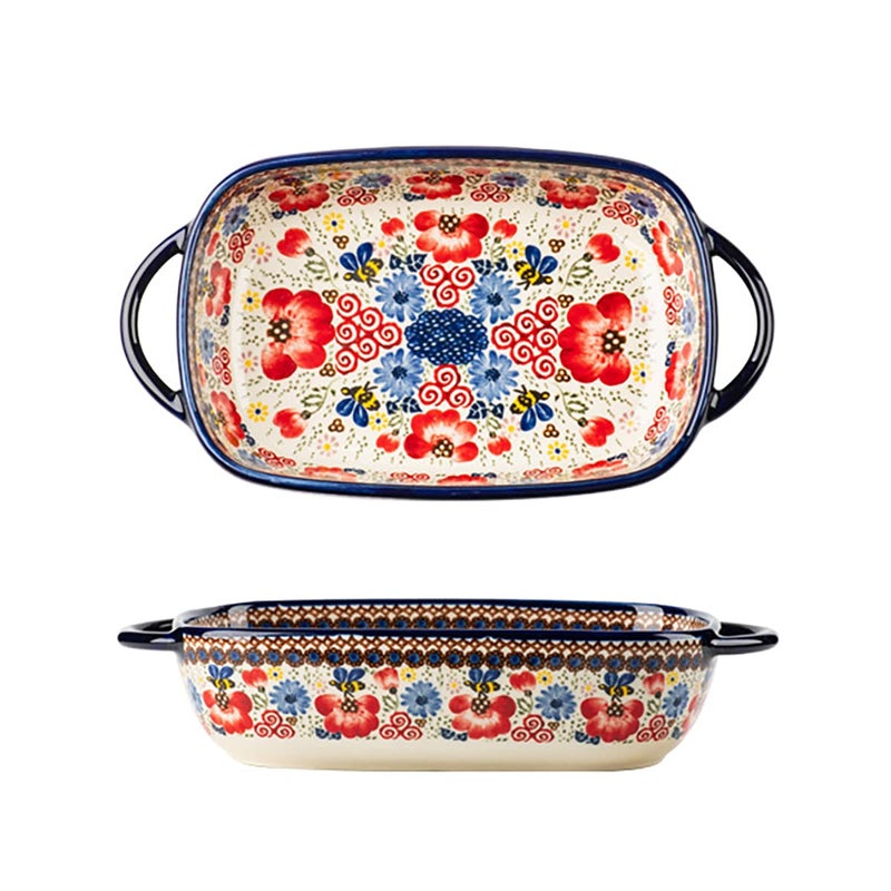 Bicuzat Vintage Flowers Style Ceramic Bakeware Casserole Dish Baking Pan Lasagna Pans Baking Dish with Handles for OvenCookingKitchen1 PCSRed Flowers22 OZ