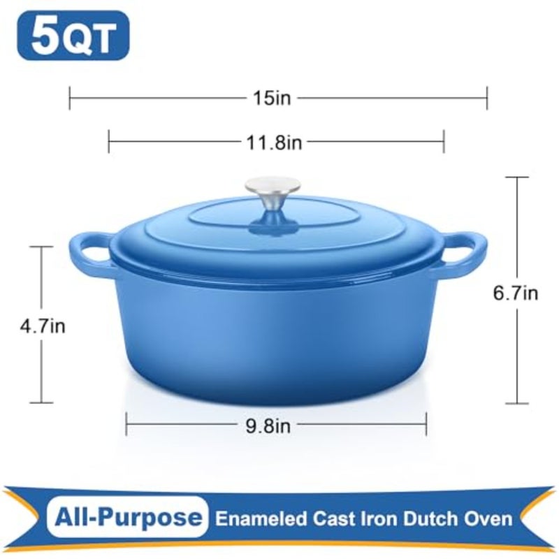 5QT Oval Dutch Oven Pot with Lid, Enameled Cast Iron Dutch Oven with Dual Handles for Sourdough Bread Baking Cooking, Nonstick Enamel Coated Cookware Blue,Oven Safe and Easy Clean - Image 2