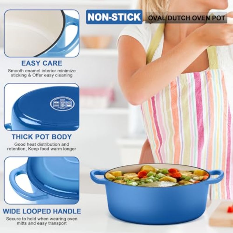 5QT Oval Dutch Oven Pot with Lid, Enameled Cast Iron Dutch Oven with Dual Handles for Sourdough Bread Baking Cooking, Nonstick Enamel Coated Cookware Blue,Oven Safe and Easy Clean - Image 3
