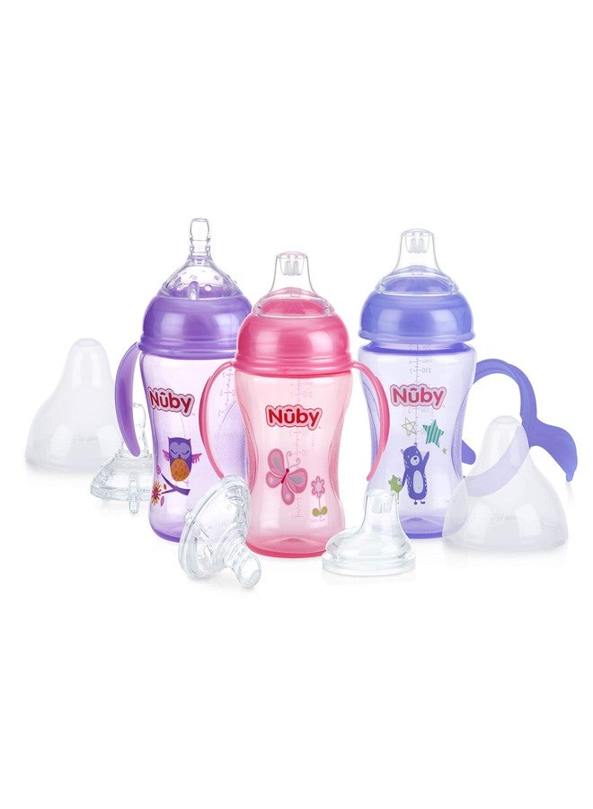 Nuby 3 Piece Natural Touch 3 Stage Wide Neck Breast Size Bottle-to-Cup, Girl - Image 1