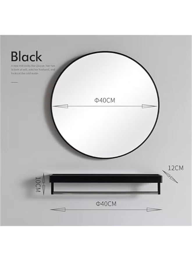 بيوينتي مرآة دائرية مع رف عائم، مرآة دائرية مثبتة على الحائط بإطار معدني أسود، مرآة حائط للمدخل والحمام وطاولة الزينة وغرفة المعيشة، مرآة دائرية سوداء مقاس 40 سم (أسود) - Image 2