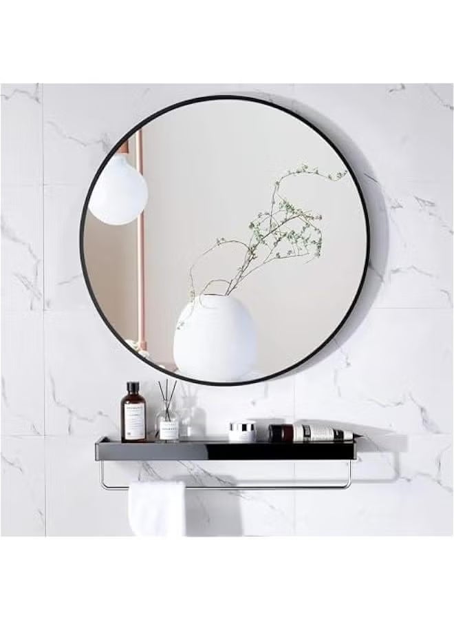 بيوينتي مرآة دائرية مع رف عائم، مرآة دائرية مثبتة على الحائط بإطار معدني أسود، مرآة حائط للمدخل والحمام وطاولة الزينة وغرفة المعيشة، مرآة دائرية سوداء مقاس 40 سم (أسود) - Image 1