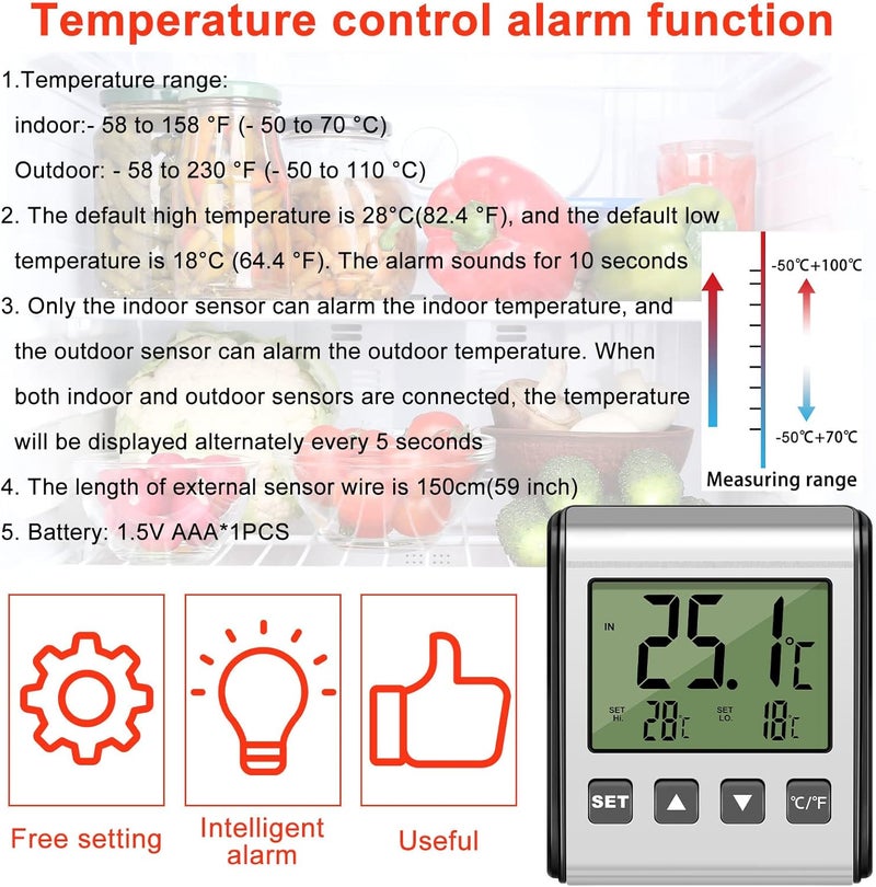 Moukeren 2 Pieces Digital Refrigerator Thermometer Freezer Thermometer Stainless Panel Thermometer High and Low Freezer Temperature Alarm with Sensor Magnet Probe LCD for Fridge Room kitchen  - Image 5