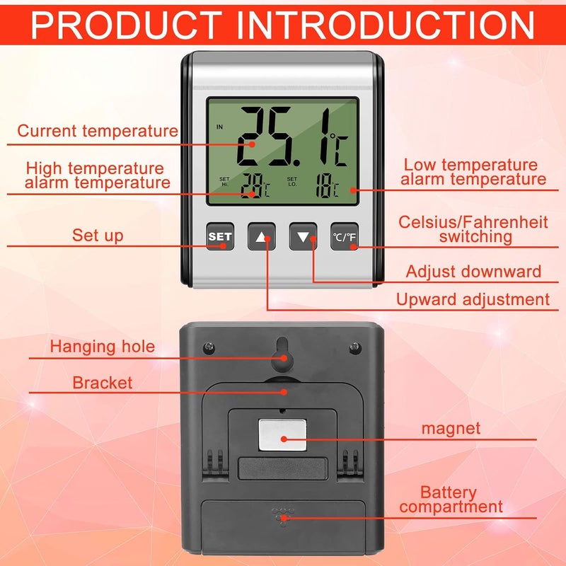 Moukeren 2 Pieces Digital Refrigerator Thermometer Freezer Thermometer Stainless Panel Thermometer High and Low Freezer Temperature Alarm with Sensor Magnet Probe LCD for Fridge Room kitchen  - Image 3