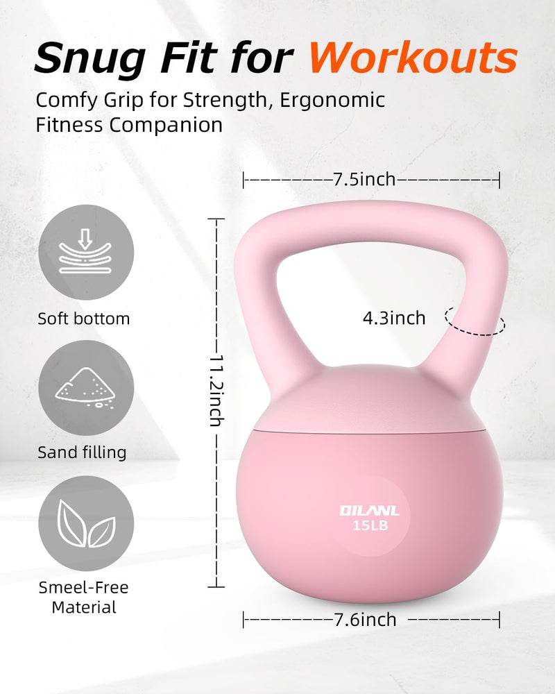 DILANL Soft Kettlebell, Safe Strength Training Kettle bell, Cushioned Impact-Resistant Base and Anti-Slip Grip Weight, Kettlebells Set for Home Workouts and Men/Women/ Beginners,With Non-slip Gloves (Pink, 15 LB) - Image 5
