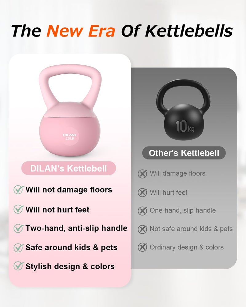 DILANL Soft Kettlebell, Safe Strength Training Kettle bell, Cushioned Impact-Resistant Base and Anti-Slip Grip Weight, Kettlebells Set for Home Workouts and Men/Women/ Beginners,With Non-slip Gloves (Pink, 15 LB) - Image 3